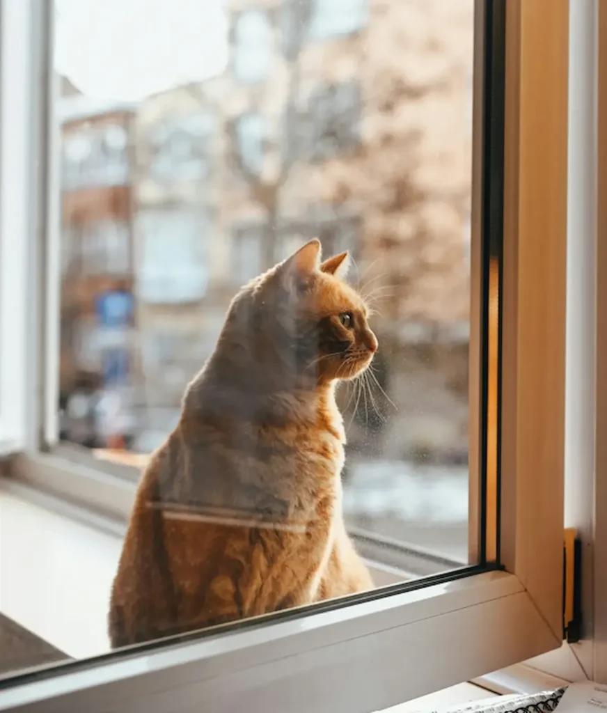 Senior cat sitting indoors and looking out of a window