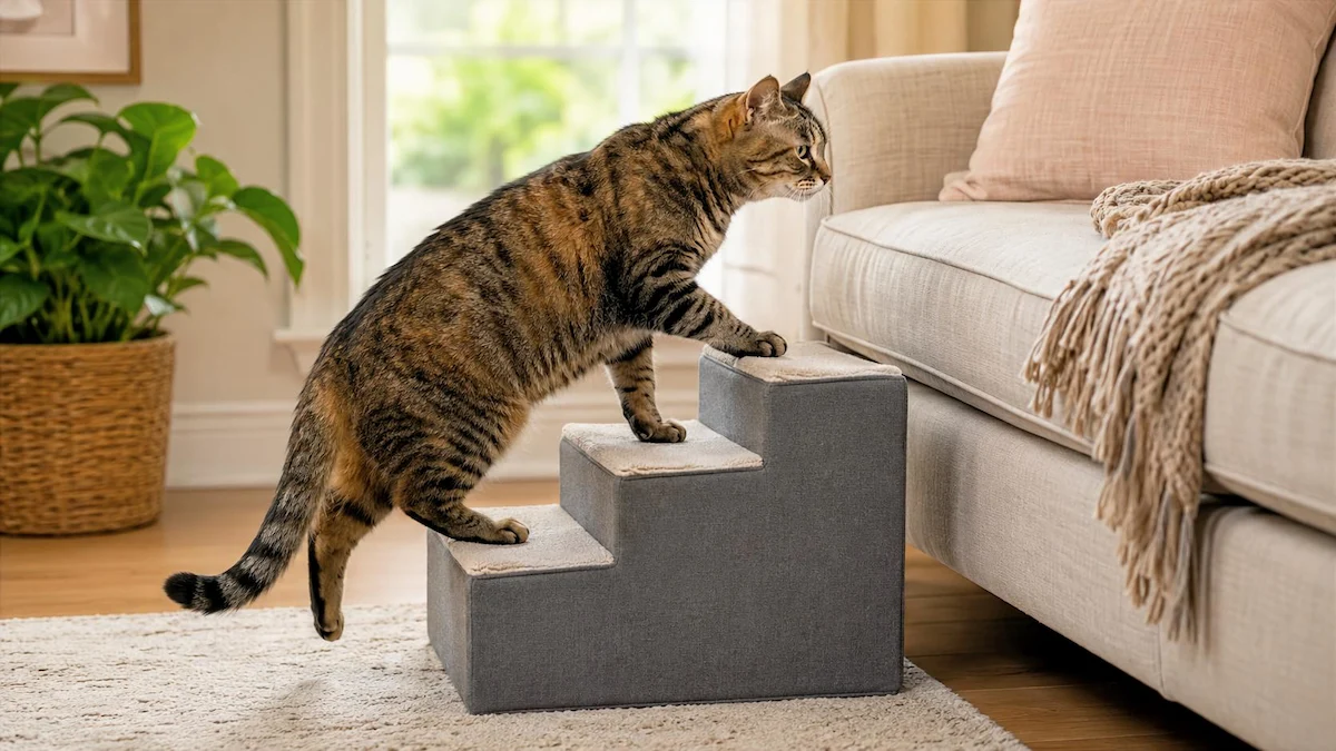 Senior cat comfort with an older cat using pet steps to reach a sofa